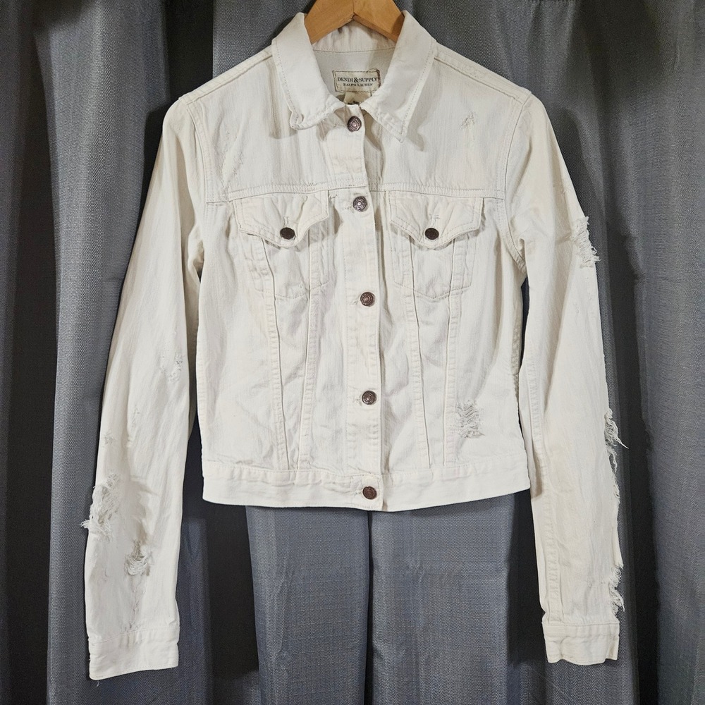 Denim & Supply Ralph Lauren White Distressed Denim Trucker Jacket Womens Small
